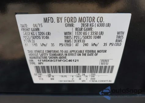 2015 Ford Explorer Sport из США, поврежденный, VIN 1FM5K8GT9FGC46121